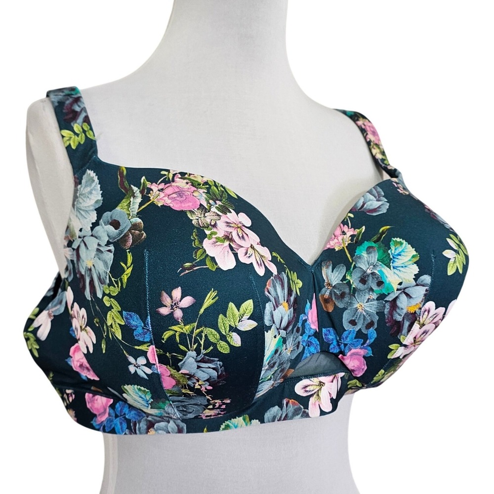 Cacique 46DD Lightly Lined Balconette Floral Underwire Bra‎ Teal Pink Blue